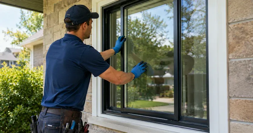 technician measuring a broken window pane for replacement in Blows, Norwich