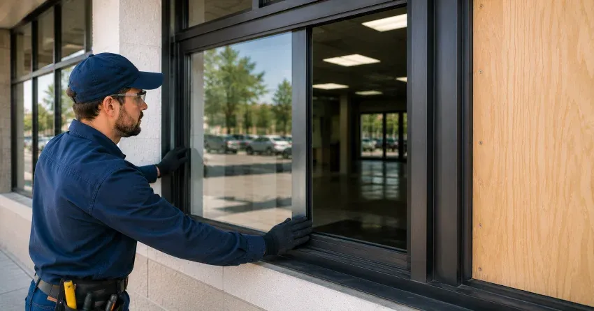 technician boarding a broken window after a break-in in Milldale, Norwich
