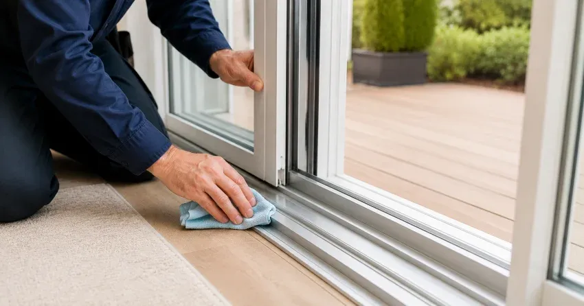technician inspecting a sliding patio door track in Cornell, Norwich