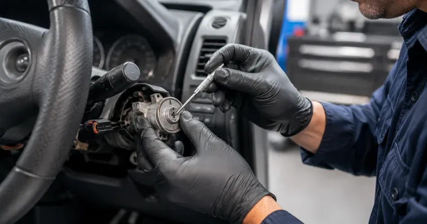 technician diagnosing an ignition lock repair issue in Norwich
