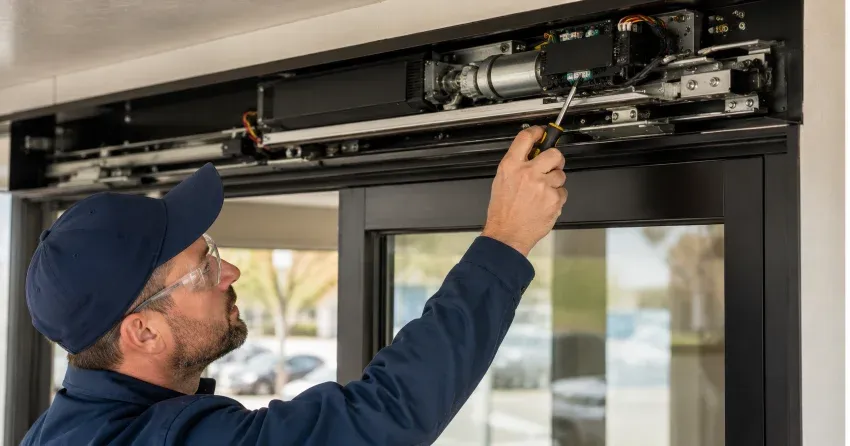 technician completing automatic door repair on residential property in Curries, Norwich