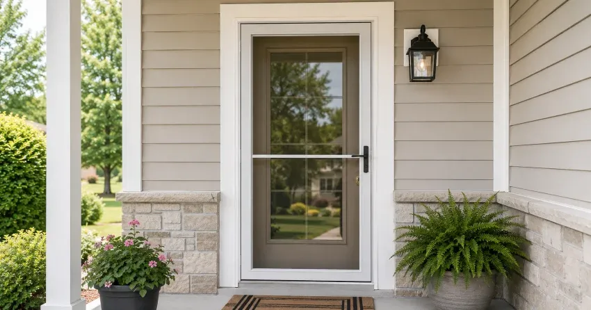 technician hanging storm door square and plumb in Norwich
