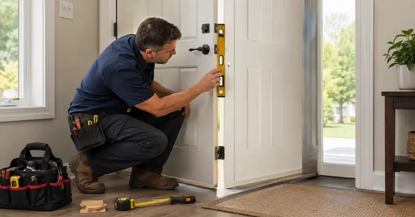 technician diagnosing a misaligned door frame in Blows, Norwich