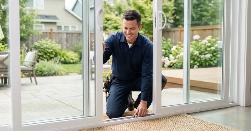 technician diagnosing a sticking patio door in Summerville, Norwich