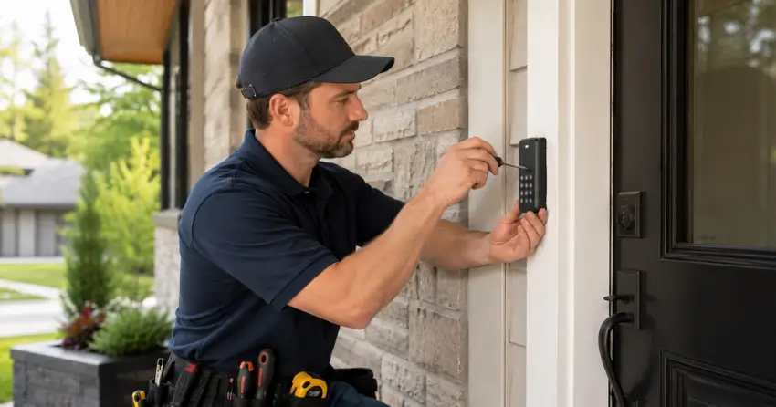 Technician installing an access control system keypad beside a residential front door in Credit Ville, Norwich