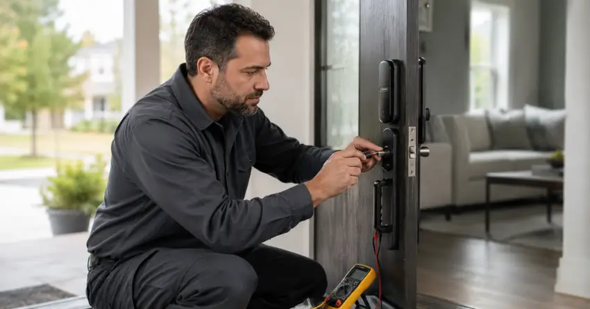 technician diagnosing automatic door lock mechanism on residential door in Cornell, Norwich