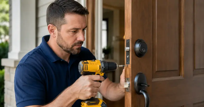 technician installing a new deadbolt during Change Door Lock Blows, Norwich service