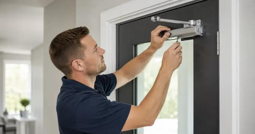 technician adjusting door closer hydraulic valve in Beaconsfield, Norwich home