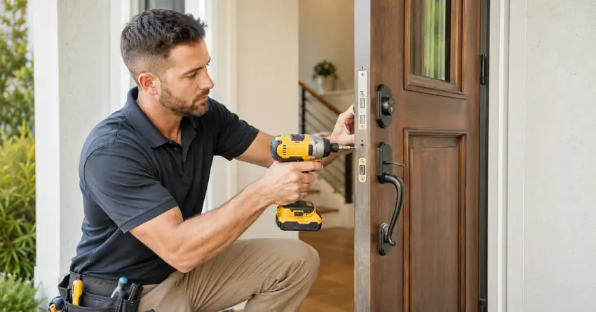 locksmith installing new deadbolt lock on front door in Newark, Norwich