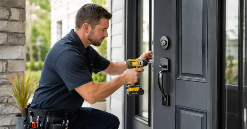 locksmith installing deadbolt lock on exterior door in Norwich