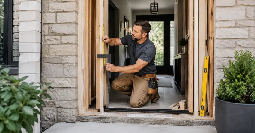 exterior door installer assessing rough opening in Spring Ford, Norwich