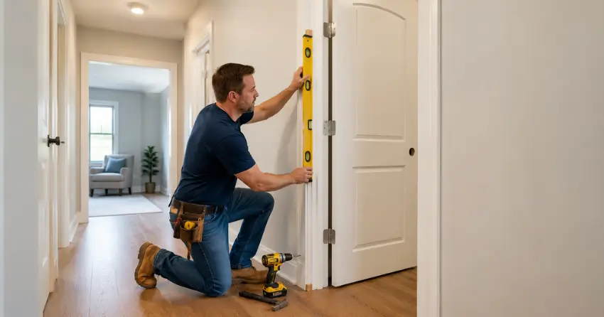 technician installing a pre-hung interior door in a home hallway Newark, Norwich
