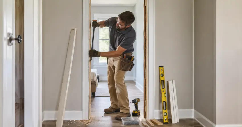 technician removing an old interior door frame during installation Norwich