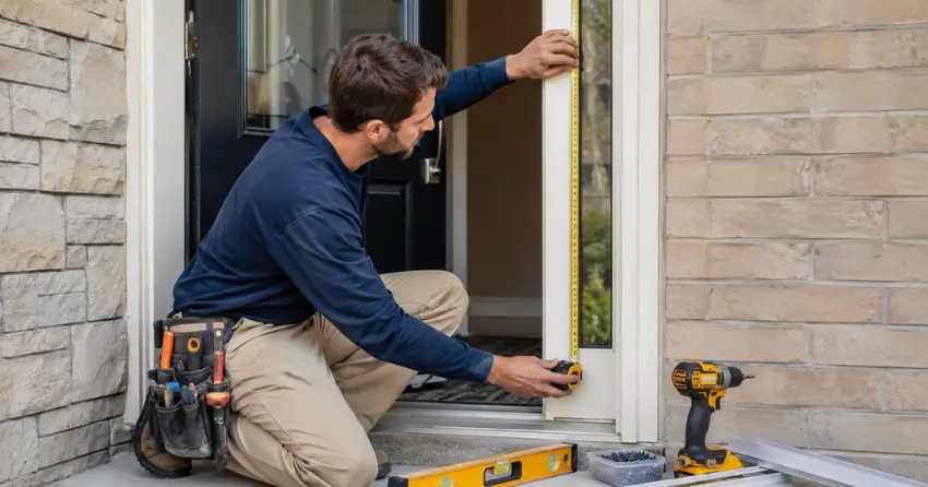 technician measuring door frame before storm door install in Curries, Norwich