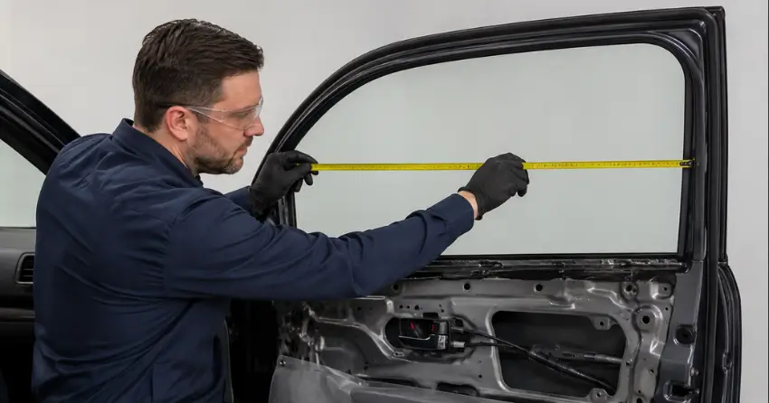 technician measuring door glass opening for replacement in Curries, Norwich