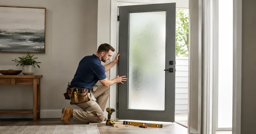 glass panel door installation with frosted privacy glass in residential setting in Oriel, Norwich