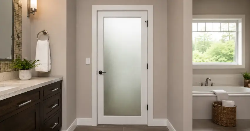frosted glass panel bathroom door installed in a Norwich home