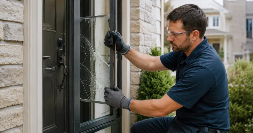 technician removing cracked storm door glass panel in Milldale, Norwich