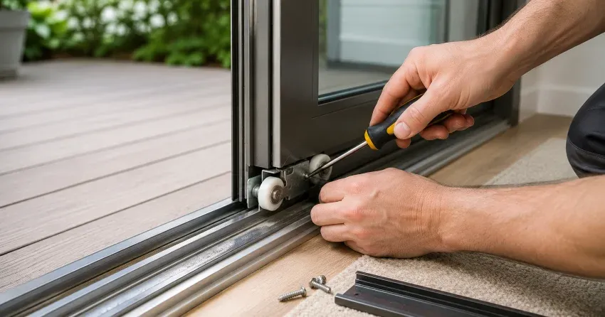 sliding door fix Norwich technician diagnosing track issue