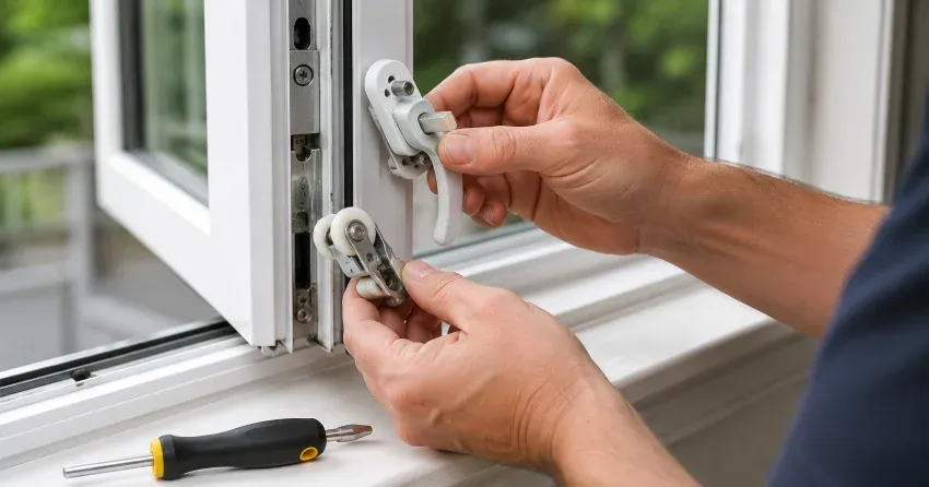 technician performing broken window repair Newark, Norwich on a sliding window