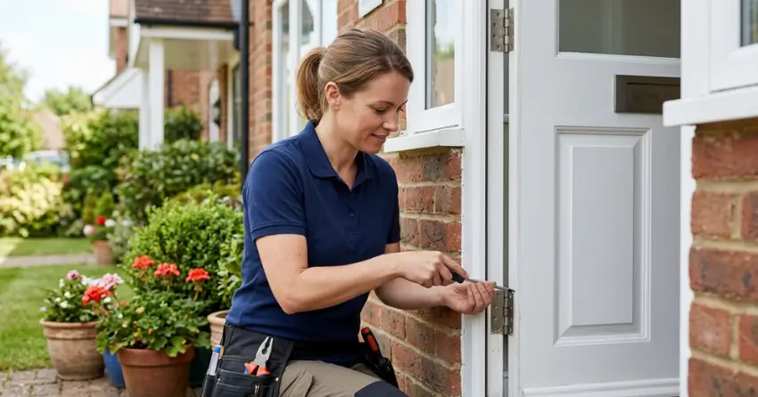 technician repairing exterior door hinge and frame in Hawtrey, Norwich