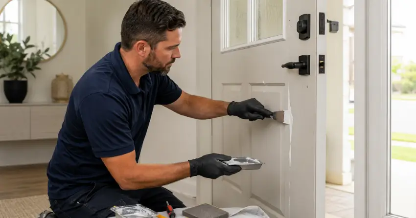 technician repairing fiberglass door surface crack in Credit Ville, Norwich
