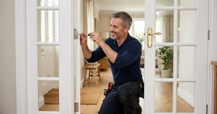technician adjusting French door hinge for proper alignment in Norwich