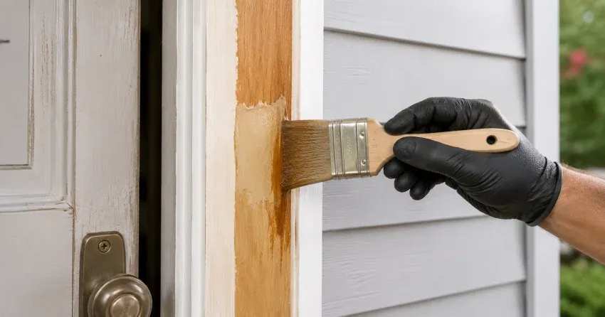 technician probing rotted wood on a door frame in Curries, Norwich