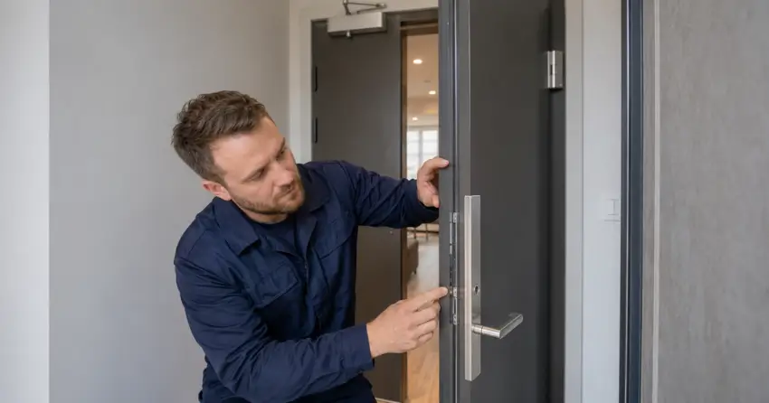 technician inspecting fire-rated door seal and hardware in Norwich