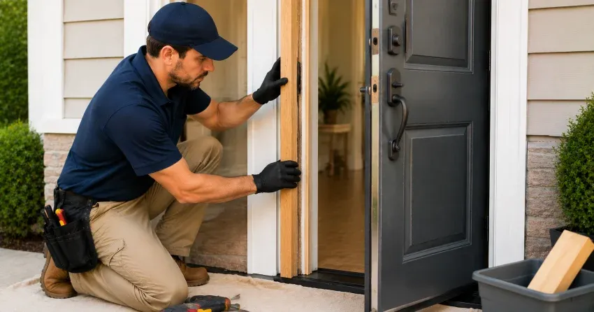 technician inspecting damaged door frame corner in Cornell, Norwich