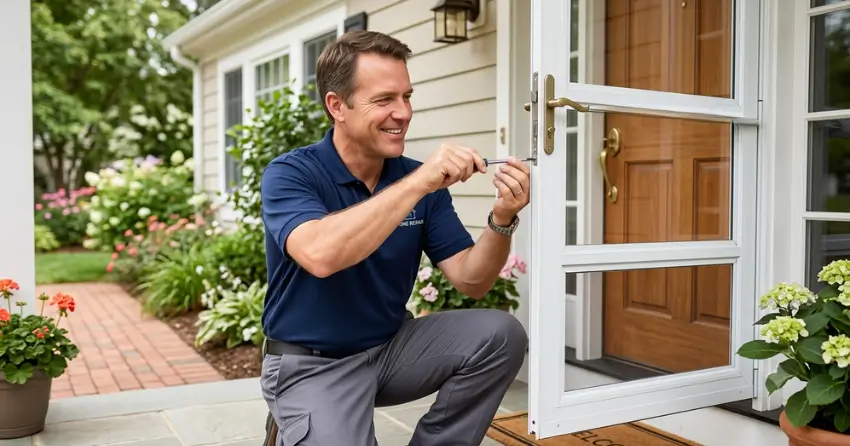 technician adjusting storm door hinge and closer in Blows, Norwich