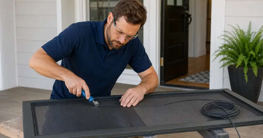 technician replacing screen door mesh and spline in Cornell, Norwich